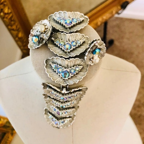 Vintage Deco blue AB rhinestone bracelet Demi set - Picture 2 of 11